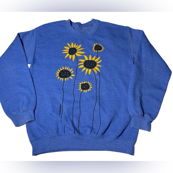 Marushka Women’s Blue Sunflower Field Graphic Crewneck Nature Sweatshirt SZ M - Picture 3 of 4